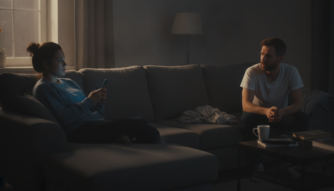 Couple on the couch, one looks worried while the other stares at their phone