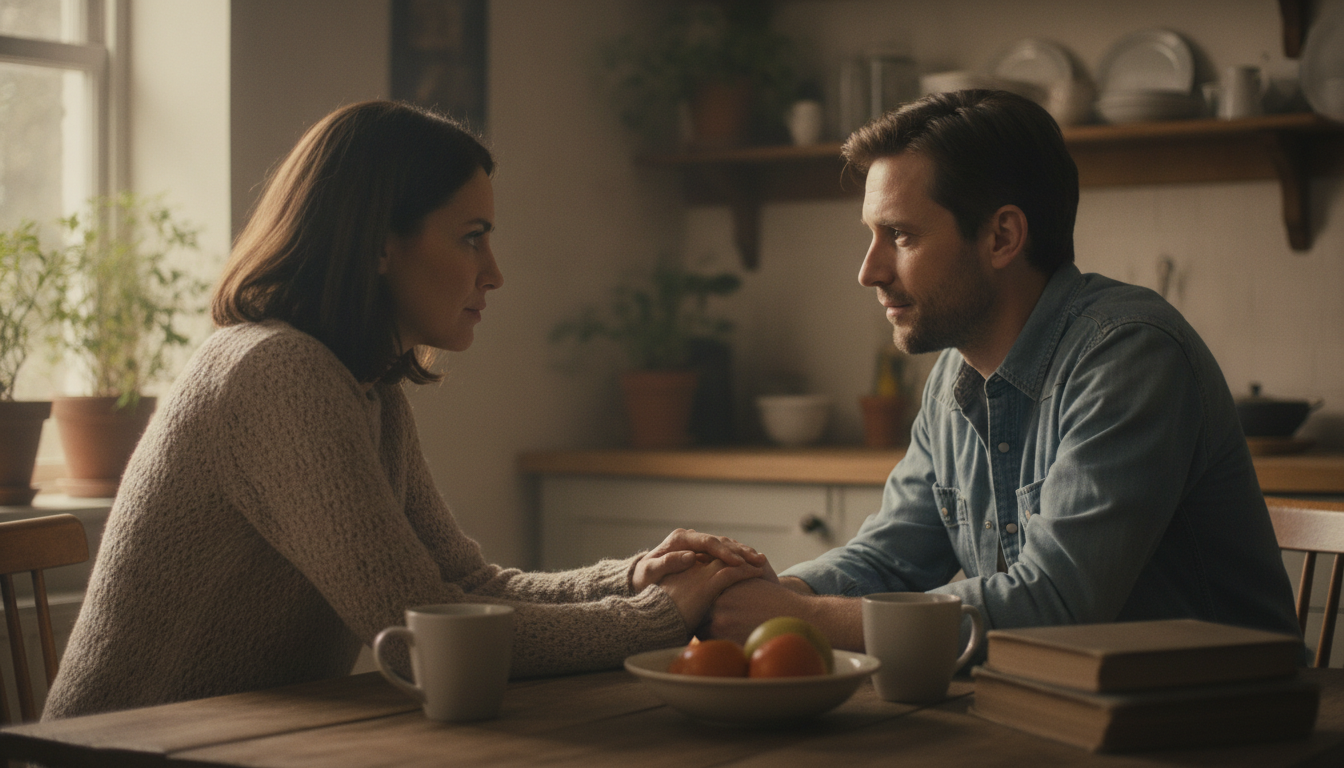 Calm, serious conversation between partners at the kitchen table in daylight