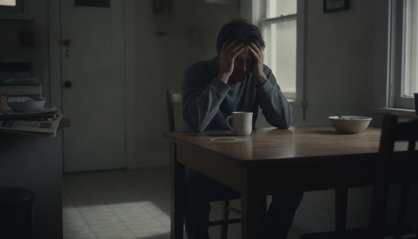 Man sitting thoughtfully at the kitchen table at night, head in his hands